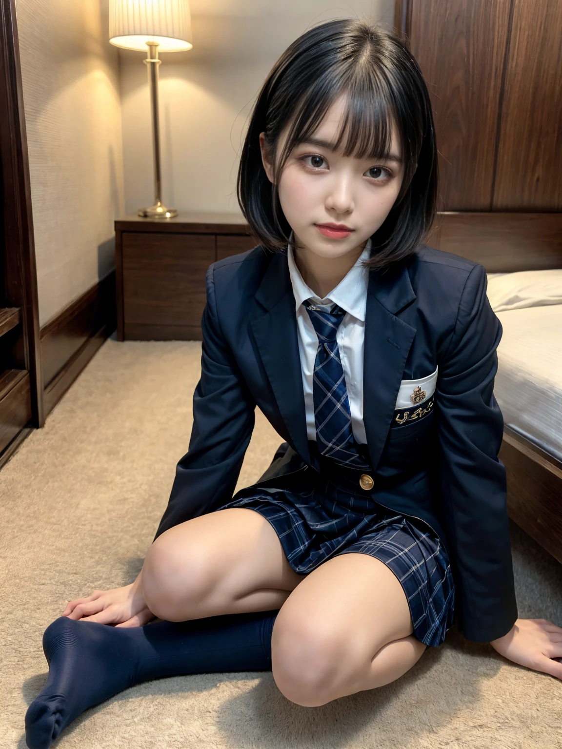 (8K, RAW Photos, Highest quality, masterpiece:1.2), masterpiece, super detailed, super high quality, (Realistic and photorealistic photography:1. 37), High-resolution RAW color photos, Very delicate and beautiful, highly detailed, 8k wallpaper, wonderful, detailed, Very eye, very detailed, very detailed skin, very thin fingers, very detailed nose, very detailed mouth, Perfect Anatomy, BREAK, (1 girl, japanesgirl:1.2), Colossal tits, short bob hair, black hair color, huge breasts, very huge round breasts, Beautiful makeup, glitter makeup, Big Natural Color Lip, perfect body shape, crying a little, beautiful legs, beautiful legs, Voluptuous thighs, BREAK, High school girl uniform, blazer, Super Short Check Uniform Skirt, Navy blue high socks, BREAK, The background is a luxury hotel room, BREAK (kneeling with the tops of the feet flat on the floor, and sitting on the soles:1.2)