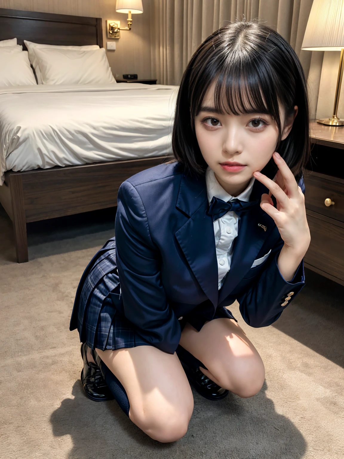 (8K, RAW Photos, Highest quality, masterpiece:1.2), masterpiece, super detailed, super high quality, (Realistic and photorealistic photography:1. 37), High-resolution RAW color photos, Very delicate and beautiful, highly detailed, 8k wallpaper, wonderful, detailed, Very eye, very detailed, very detailed skin, very thin fingers, very detailed nose, very detailed mouth, Perfect Anatomy, BREAK, (1 girl, japanesgirl:1.2), Colossal tits, short bob hair, black hair color, huge breasts, very huge round breasts, Beautiful makeup, glitter makeup, Big Natural Color Lip, perfect body shape, crying a little, beautiful legs, beautiful legs, Voluptuous thighs, BREAK, High school girl uniform, blazer, Super Short Check Uniform Skirt, Navy blue high socks, BREAK, The background is a luxury hotel room, BREAK (kneeling with the tops of the feet flat on the floor, and sitting on the soles:1.2)