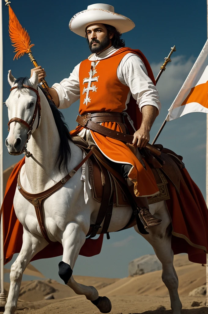 Image of the apostle Santiago with a white and orange cape, with his horse with white and orange decorations, musketeer hat with orange and white feathers, sword held in the right hand, with banner and the cross of the apostle Santiago as a logo on it, galloping, very artistic, in high definition