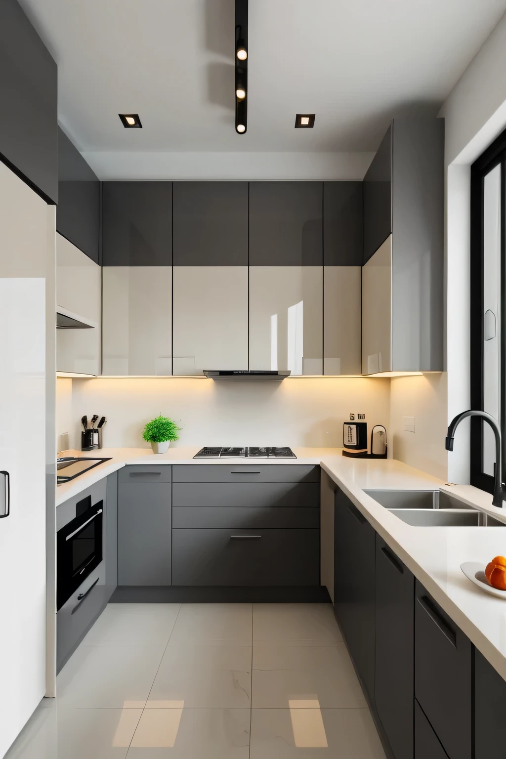 Professional 3d architecture rendering design of modern and minimal kitchen with  light mink gray  color and thunder gray   color and light cream color  and black color 