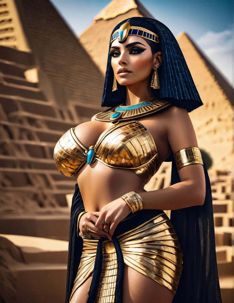 a dark fantasy photoshoot, realistic female fashion model, vogue magazine cover, inspired by ancient Egyptian goddess, realistic skin, detailed hair and face, posing as Cleopatra as Isis, Egyptian pyramids, realistic person, gothic fashion, revealing clothes, bombshell body, (best quality,4k,8k,highres,masterpiece:1.2),ultra-detailed,(realistic,photorealistic,photo-realistic:1.37),dramatic lighting,dramatic shadows,chiaroscuro,cinematic,moody,dramatic color palette,muted colors,deep saturated colors,ornate decoration,intricate details,impeccable rendering