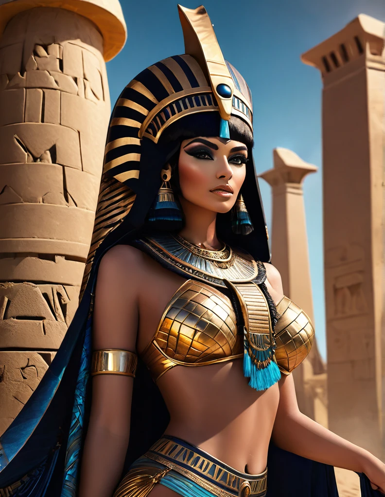 a dark fantasy photoshoot, realistic female fashion model, vogue magazine cover, inspired by ancient Egyptian goddess, realistic skin, detailed hair and face, posing as Cleopatra as Isis, Egyptian pyramids, realistic person, gothic fashion, revealing clothes, bombshell body, (best quality,4k,8k,highres,masterpiece:1.2),ultra-detailed,(realistic,photorealistic,photo-realistic:1.37),dramatic lighting,dramatic shadows,chiaroscuro,cinematic,moody,dramatic color palette,muted colors,deep saturated colors,ornate decoration,intricate details,impeccable rendering