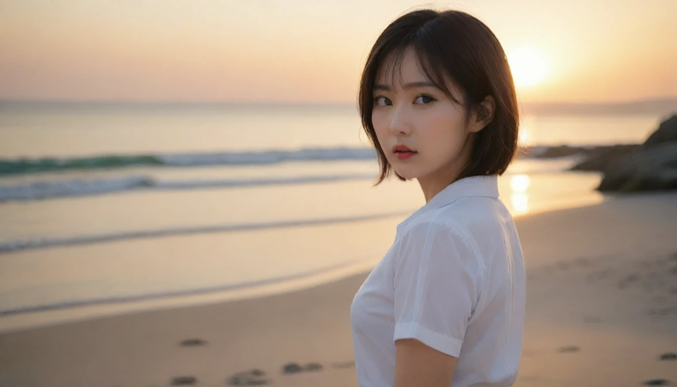 Close up of beautiful Korean woman, Chest size 34 inches, Wear a light shirt and a light skirt, Looking at the sea from the beach at sunset. beautiful woman look , wearing a light skirt , burning sunset light, short medium hair, 1 woman, beautiful eyes, With a sad expression, uhd