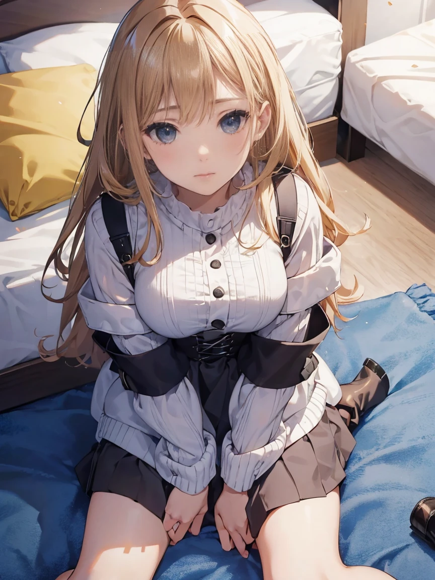 girl, (wariza:1.4), from above, sit, skirt, On the bed