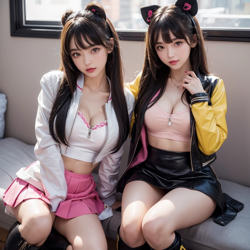 bangs down,beautiful girl,Maid clotheasterpiece,perfect face,perfect ,long hair,Outstanding style,stimulating,Cute outfits,Horny gouble eyelid,Naughty Girls,Erotic and cni skirt,ribbon on uniform,colorful hair color,yellow eyes,leather jacket,horny girl,Knee-hiots, Colorful,multicoloured,future fashion,smile,,zipper bra,Multicolored clothing