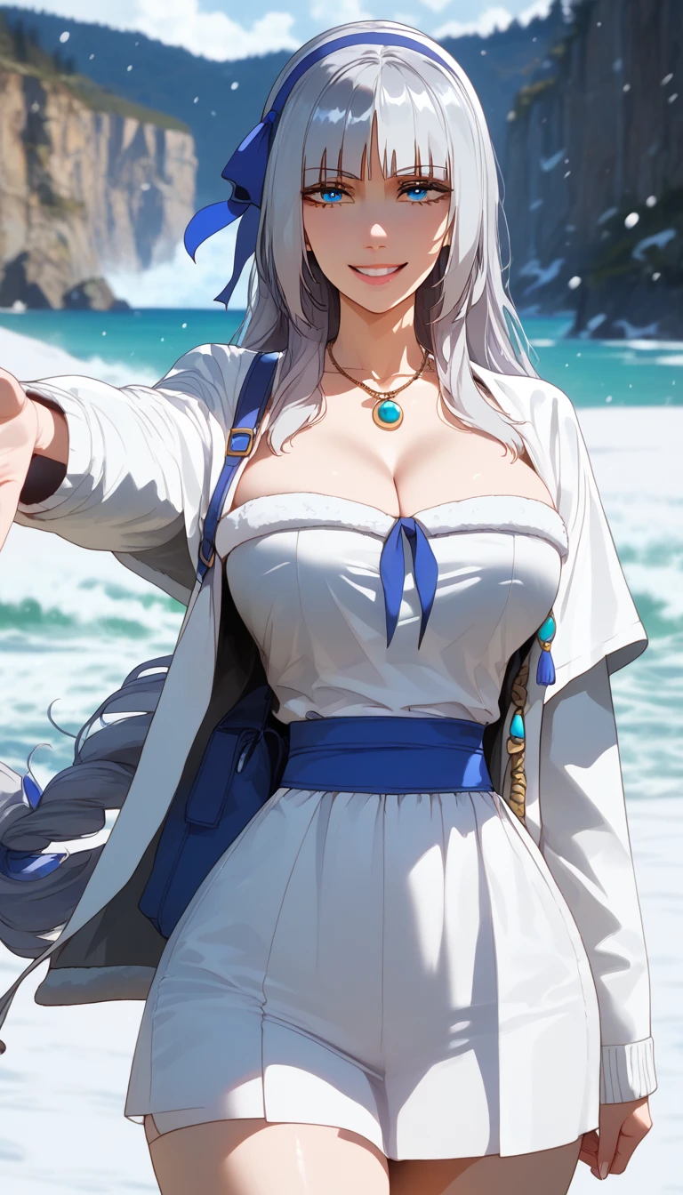 score_9, score_8_up, score_7_up, score_6_up, uncensored, mylene, long hair, silver hair, blue hairband, blue eyes, necklace, BREAK (masterpiece:1.2), best quality, high resolution, (detailed eyes:1.3), perfect lighting, (perfect hands, perfect anatomy), large breasts, soft focus, fantasy art, moon, full_moon, gloves, snow, outstretched_arms, ocean, black_gloves, 1girl, long_hair, waves, coat, solo, outdoors, black_coat, long_sleeves, water, snowing, buttons, breath, looking_at_viewer, winter, reaching_out, smile, spread_arms, winter_clothes