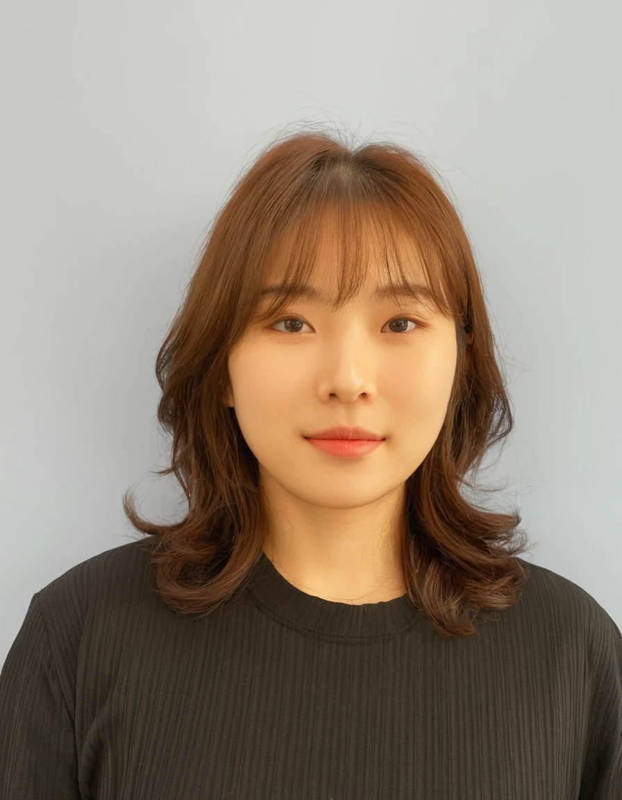 Best Quality, 8k, Masterpiece, (Portrait: 1.3), (photo realistic:1.4), (hyper realistic:1.4), Sharp Focus, looking at viewer, (smoother lighting:1.1), (increase cinematic lighting quality:0.9), realistic lighting, backlighting, light on face, ray trace, (brightening light:1.2), (Increase quality:1.4), sharp detail, (best quality real texture skin:1.4), finely detailed eyes, black_eyes, finely detailed face, 25 year old Korean woman,smiling_face