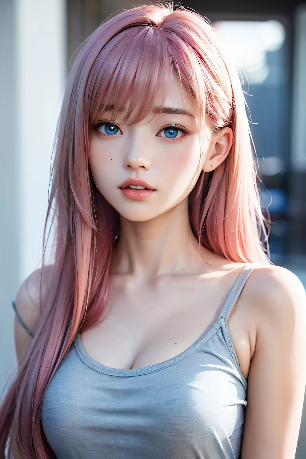 masterpiece, highest quality, a cute girl, blue eyed, pink and long hair, breast, Wearing a t-shirt, gamer, by style of onii kei, dreamy and romantic, light gray and light amber, jagged edges, light teal and light red, timeless beauty, 8k