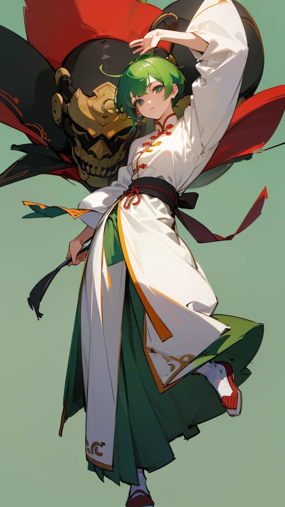 (Artwork, Highest quality, Facial details, Very redundant, Advanced Details, Highest quality, High resolution, 8K) frontを向いている、Green Hair、Her hair is short、small breast、upright stance、full body、Fighter、Uniform、Chinese Knight、Chinese style、White background、Simple Background、 exposure、China dress、pants、band、front、White clothes、Kung Fu、slender