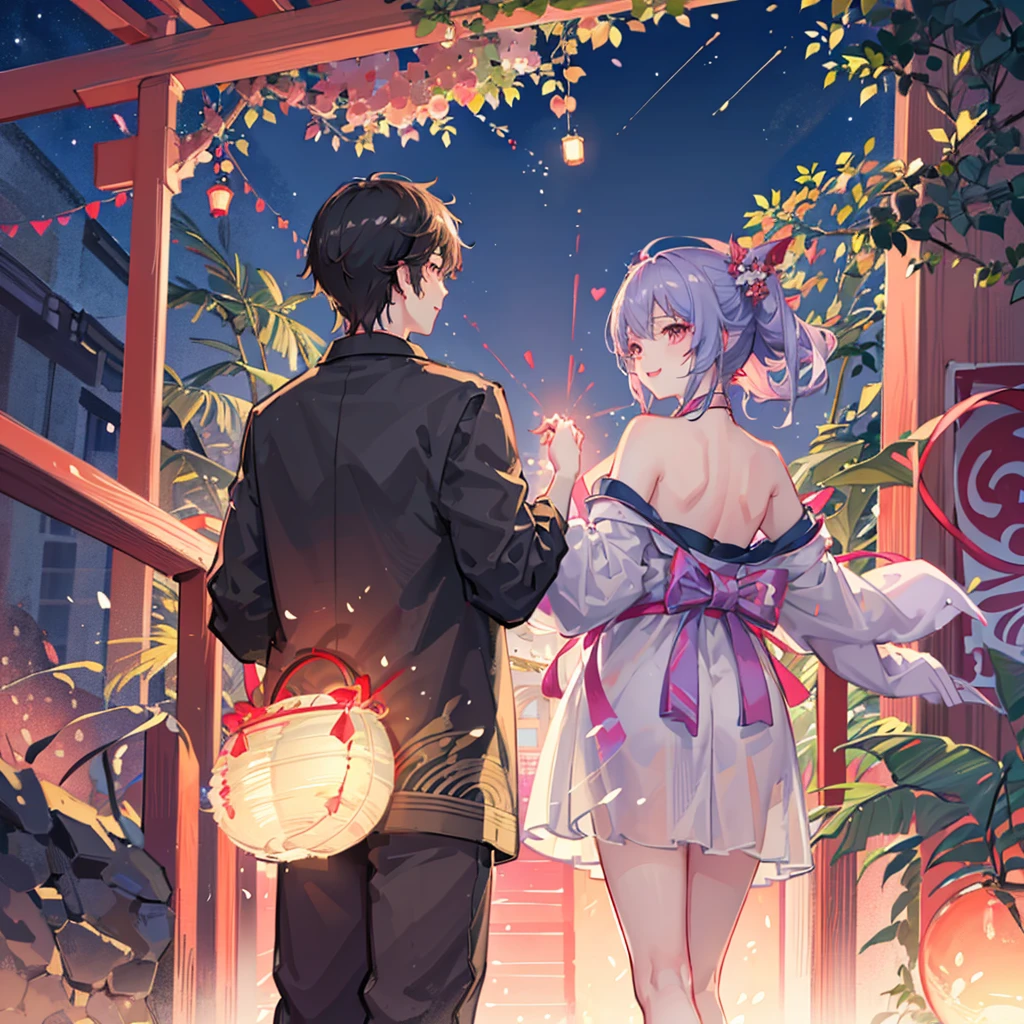 Couple,(Boy 1:Girl 1)Lovely,smile,Fleeting,romantic,atmosphere,landscape,The girl is wearing a kimono,Holding hands,Beautiful fireworks in the night sky,Lots of fireworks,Beautiful night sky,summer祭り,summer,Festivals,youth,Heart-pounding