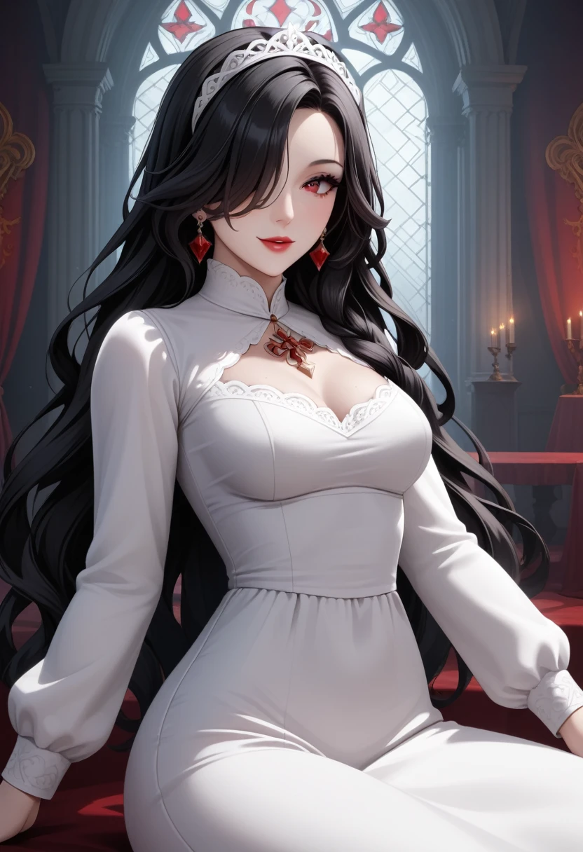 1girl, mature woman, medium breasts, very pale, white skin, pale white skin, very long hair, black hair, hair over one eye, red eye, white dress, long sleeves, haunted mansion background, intricate detail, masterpiece quality, ultra HD, 4K, best quality