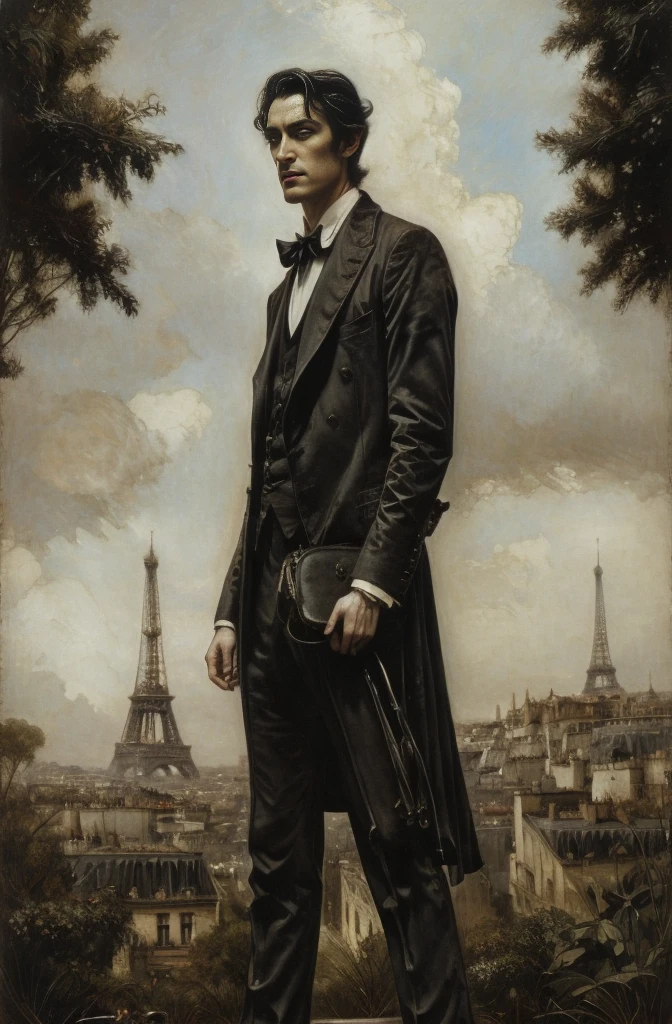 A scene from a black and white movie, 1920年代のParis, Young Great Thief, The budding gentleman thief, Arsene Lupin, Fearless, elusive, Very stylish, Sophisticated Fashion, A very handsome man in his 20s, Sharp contours, Nostalgia: Ezbians everywhere, Outdoor, Paris, Montmartre, Tom Bagshawに触発されたデジタルアート, tumbler, Gothic art, Tom Bagshaw donato giancola, style of Tom Bagshaw, Tom Bagshaw. Oil, Tom Bagshaw style, Brad Kunkle Elson Peter, Tom Bagshaw portrait, adi granov, artstyle Tom Bagshaw, Nick Alm, Digital art by Ludwik Konarzewski, Featured on cgsociety, Gothic art, photography of albert watson, albert watson, Paolo Roversi, ナタリー・ショウ Tom Bagshaw, Vrop and Andrey Ryabovitchev, steven meisel, tumbler, Figurative art, ,Beautiful and expressive digital art, Beautiful artwork illustration, wonderful, Cool Beauty, Highest quality, Official Art