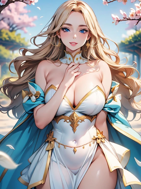 (Highest quality,Super detailed,High resolution,masterpiece,8K),Bright and vibrant colors,Official artwork,Greek white costume,Stylish makeup,Mid-length, shiny blonde hair fluttering in the wind,Captivating eyes,Beautiful Blue Eyes、Glossy Lips,Beautiful woman with ample breasts,Beautiful neck line, Holding,Captivating smile,whole body,,Old Temple,flower,Detailed CG,
