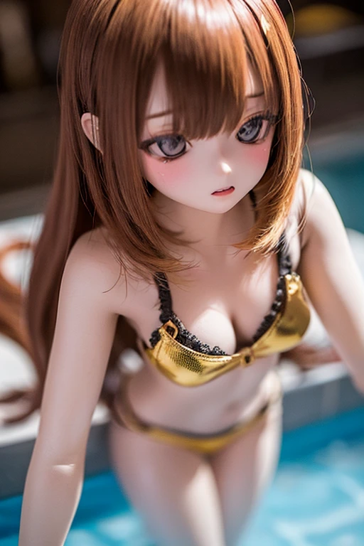 (SFW:2), photorealistic, realistic photo, ((highest quality)), ((masterpiece)), (extremely detailed), kukolnydom, doll, (mature woman, 22yo, 22 years old:1.6), solo, ((cowboy shot, dynamic pose)), (skinny, slender, slim, parted lips), green eyes, brown hair, (looking at another, blank eyes, empty eyes, detailed eyes, detailed face:1.3), golden bikini, poolside, 8k