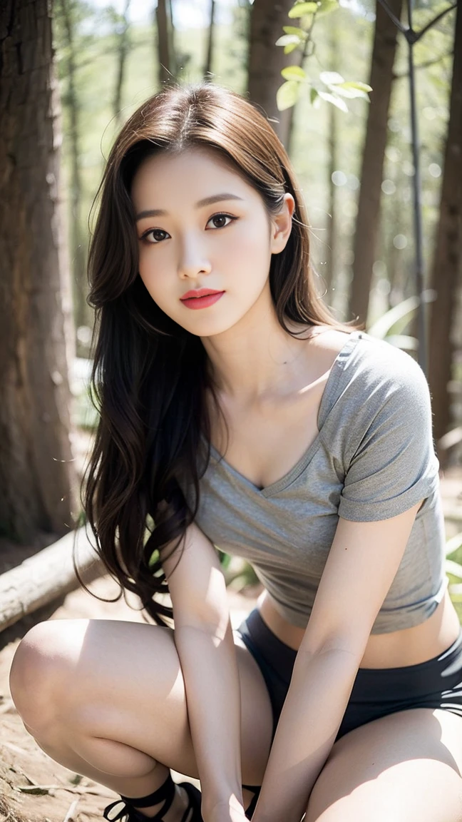 masterpiece, best quality, Surreal, Ultra Detailed, 8k resolution, RAW photos, Clear focus, (A girl in the forest), ((light gray shirt:1.1)),  Short sleeve, sports Shorts,Full body posture, Solitary, Perfect body, Become a, Bangs to eyebrows、Beautiful brown hair、Beautiful and delicate eyes、Brown eyes、Raise an eyebrow、High Nose、Small nostril、Little mouth、Tempting lips、Mouth slightly open、Beautiful breasts、Full body、Oval face, Both eyes, Both eyes皮, Long eyebrows, Long eyelashes, A faint smile, 32 inches in the chest,(a charming smile:1), (sexy pose)，26 years old, light,White shoes