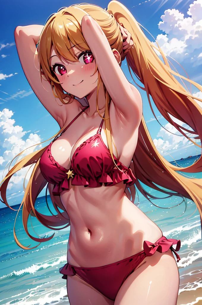 (masterpiece:1.3), (best quality:1.1), (8k, ultra detailed, ultra high res:1.2), (anime style:1.3), (perfect 5 fingers, perfect anatomy), 
1girl,
Ruby Hoshino, 
BREAK long hair,  ponytail, 
blonde hair, 
red eyes, star-shaped pupils,
BREAK smile, fair skin, (strings bikini, pink bikini), 
BREAK looking at viewer, standing, shoot from front, arms up, 
cowboy shot, natural light, outdoor, outside, sea, beach, sky, summer, 