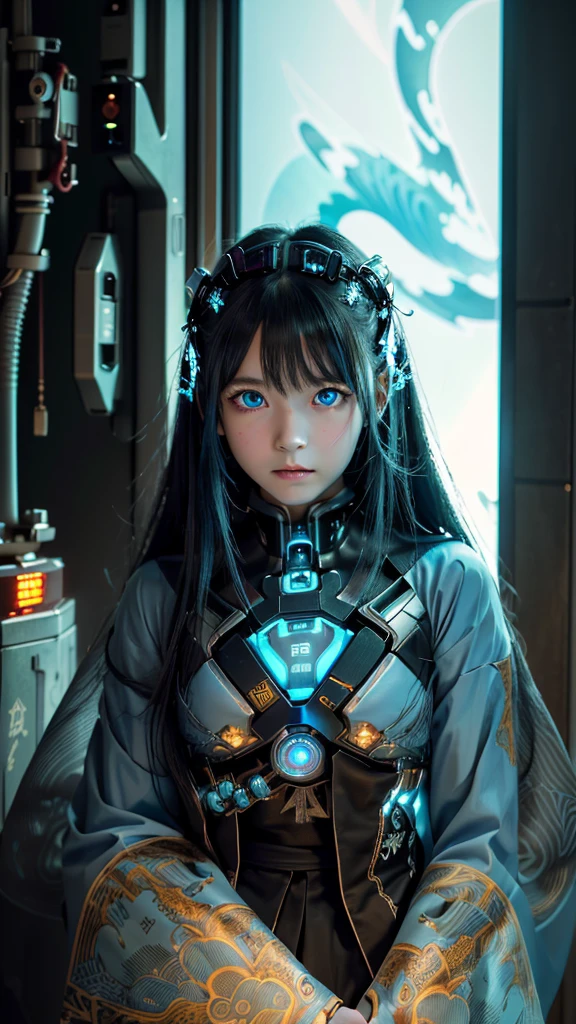 (Neo Tokyo:1.5), (Cyberpunk:1.5), (12 year old very pretty and beautiful and girl ghost with mysterious atmosphere:1.5), (petite in appearance and graceful in traditional Japanese costume and design, (beautiful light blue eyes:1.3), (light blue plasma all around and fantastic atmosphere:1.5), biomechanical, Japanese traditional noble Japanese room, long black hair, bangs in a bun, face, hands, designs and decorations are detailed and clearly drawn, ultra realistic and realistic image with super high resolution