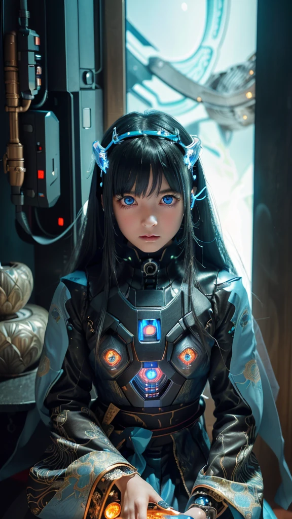 (Neo Tokyo:1.5), (Cyberpunk:1.5), (12 year old very pretty and beautiful and girl ghost with mysterious atmosphere:1.5), (petite in appearance and graceful in traditional Japanese costume and design, (beautiful light blue eyes:1.3), (light blue plasma all around and fantastic atmosphere:1.5), biomechanical, Japanese traditional noble Japanese room, long black hair, bangs in a bun, face, hands, designs and decorations are detailed and clearly drawn, ultra realistic and realistic image with super high resolution