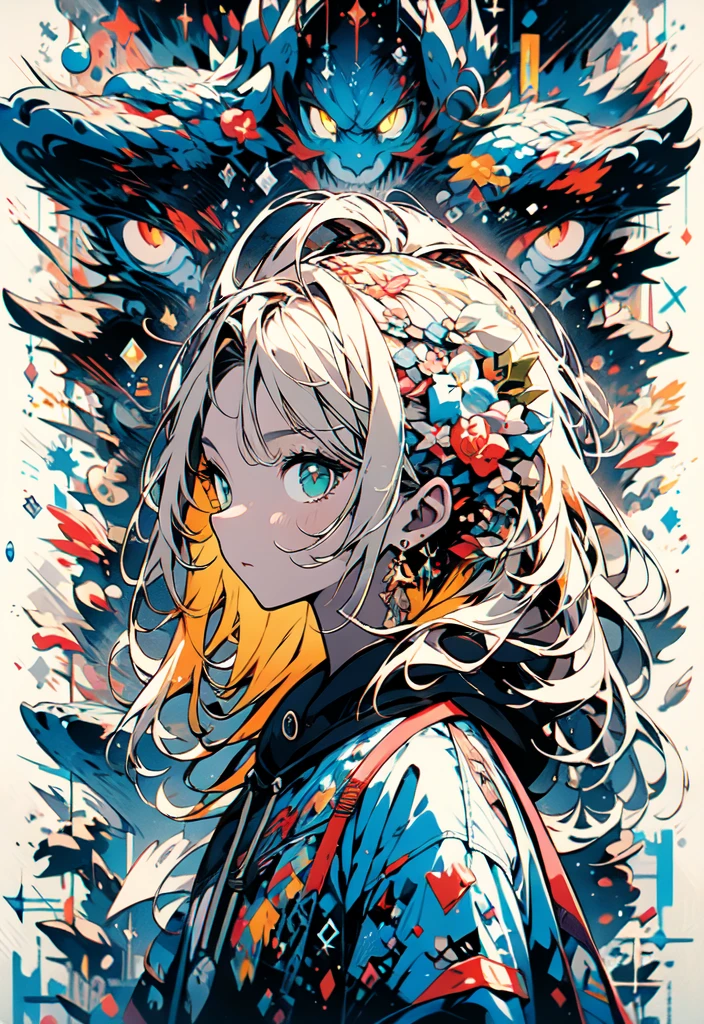 masterpiece, (beautiful and aesthetic:1.5), surrealism, highly detailed, anime, a side view painting of 1girl, wearing multicolored hoodie, blonde long hair, green eyes, red and dark blue color pallet, hard brush, gradient binary code effect, minimalist low poly collage illustration, paintings effect, heavy inking, featured on pixiv, saturated colors, hypercube, pixelsort, epic composition, epic proportion, dynamic lighting, HD