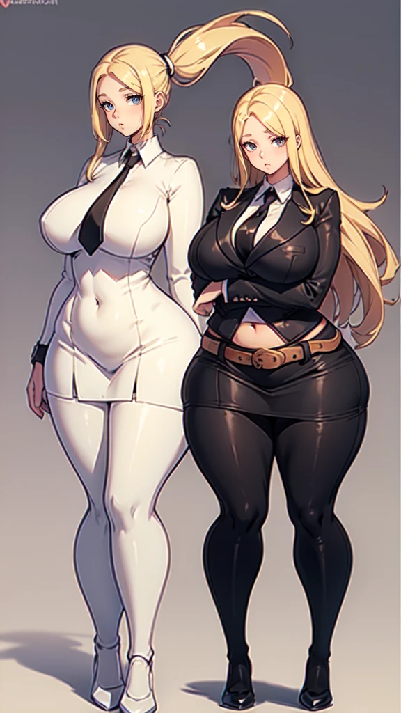 blank background, (((full body))), (masterpiece), ((best quality)), ((tall girl)), straight hair (curvy:1.7), (short skirt), shoes, belt below navel, blonde, (black suit and tie), wide hips