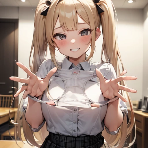 NSFW、Blonde, {{{Half Twin Tail:1.3}}}、shirt, Plaid, blush, white shirt, hair ornaments, Manicure, Plaid skirt, Pleated skirt,
,Upper Body,,Pay attention to the panties,Quality underwear,
Look down,View your viewers,Panties as a gift,Tabletop, Highest quality, Perfect Skin, Detailed skin texture, Ultra-detailed, 8K, Intricate details, Beautifully detailed face,High resolution,
Grin, smile, Looking down at the viewer, masterpiece, Panties are dirty