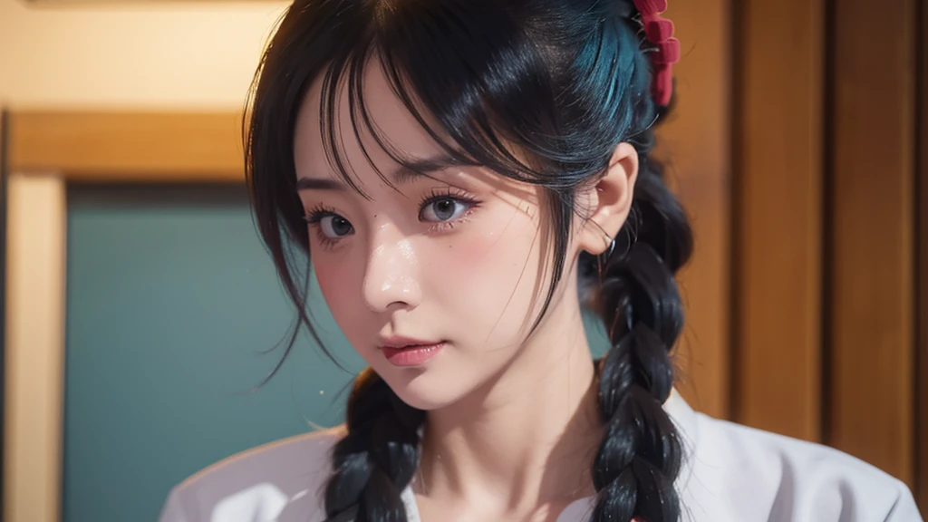 colored inner hair, long hair, short ponytail, single braid, expressive hair, asymmetrical bangs, kanzashi, goggles, bandage on, headphones, rolling eyes, aqua eyes, smirk, nose blush, Ukiyo-e, close-up, UHD, 16k