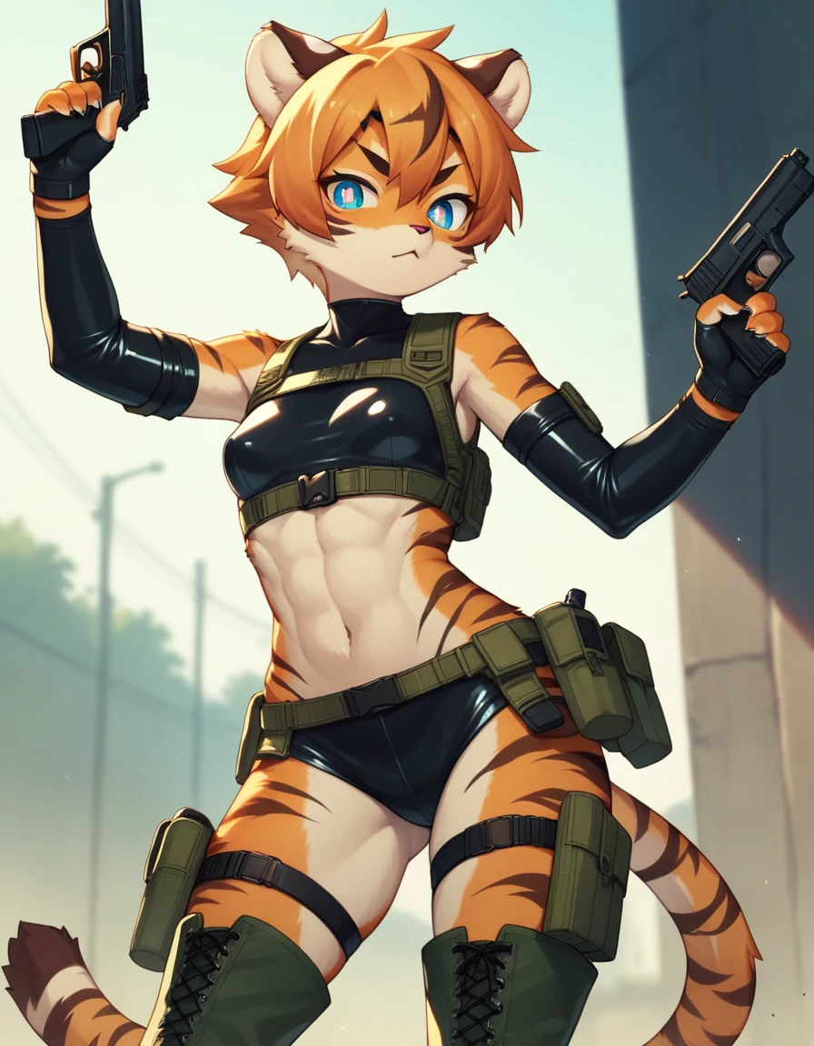 score_9, score_8_up) score_7_up, score_6_up, solo, tiger, kemono, anthro, cute, short hair, blue eyes, white pupils, sexy pose, orange fur, tactical harness, croptop, thigh high boots, assassin girl, mesh body suit, tactical gloves, latex, small breasts, outside, pistol, mask,