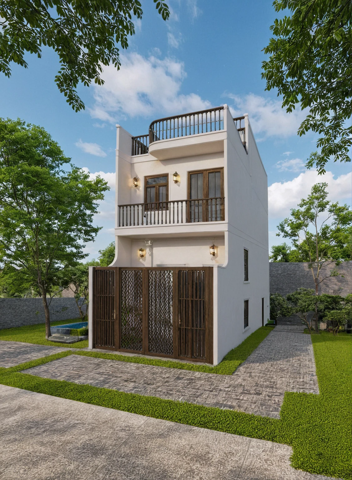 Raw photo,Masterpiece, high quality, best quality, authentic, super detail,
exterior, outdoors, house style indochine on the street ,aiaigroup
road,pavement, grass, trees, sky, cloud, (day:1.1)