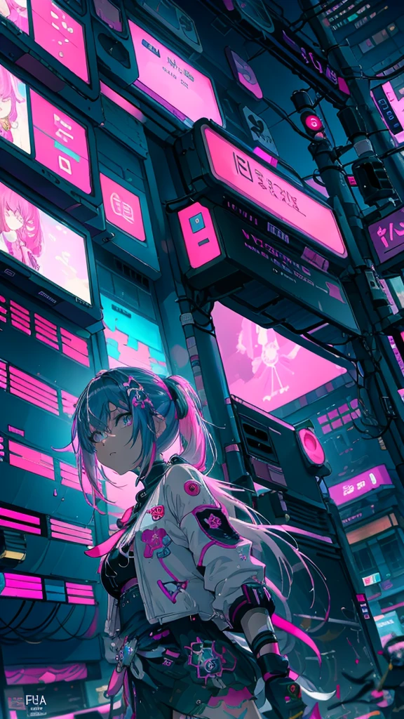With pink hair and a pink jacket、Girl holding a pink bag, Glitch Punk Girl, Decora style illustrations, Anime Cyberpunk art, Cyberpunk Anime Girl, Anime Style 4k, Neon Punk, Anime atmosphere, Anime Cyberpunk, Cyberpunk anime art, Aesthetic Cyberpunk, digital Cyberpunk anime art, Cyberpunk art style, 80年代のAnime atmosphere, Cyberpunk color, ダークNeon Punk