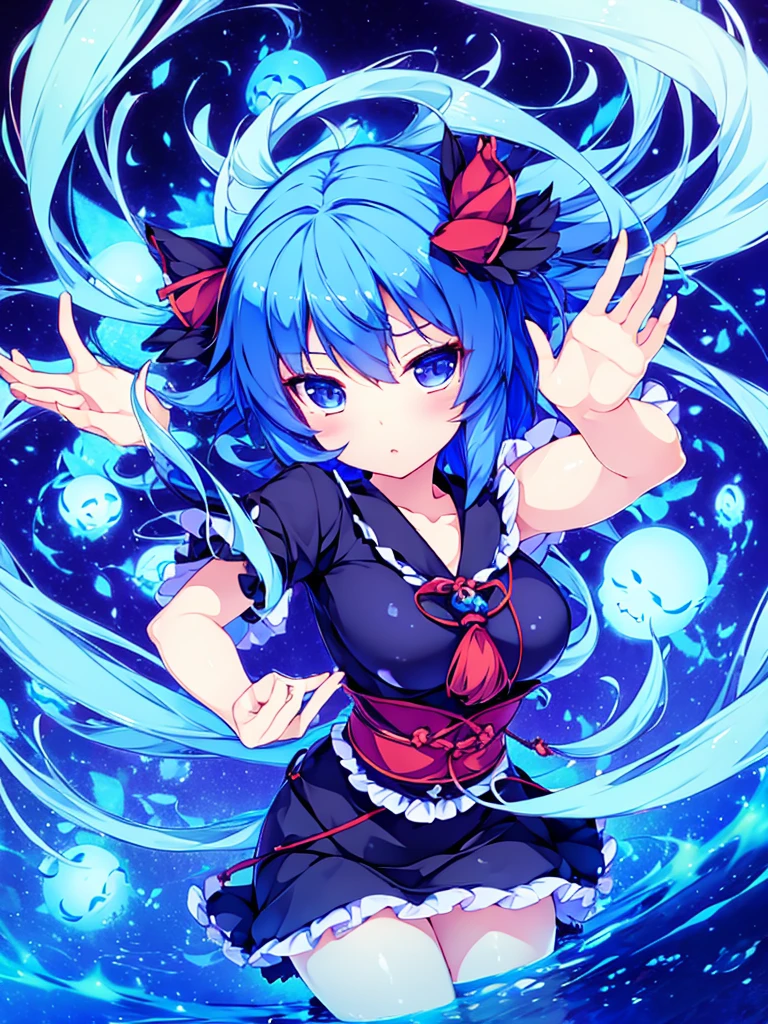 kaenbyou rin from touhou posing seductively, she is surrounded by blue flames and floating skulls,