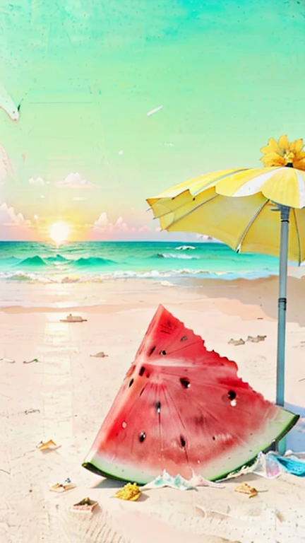 There is a piece of watermelon under a yellow umbrella on the beach,The sun rises from the sea,The sky is blue