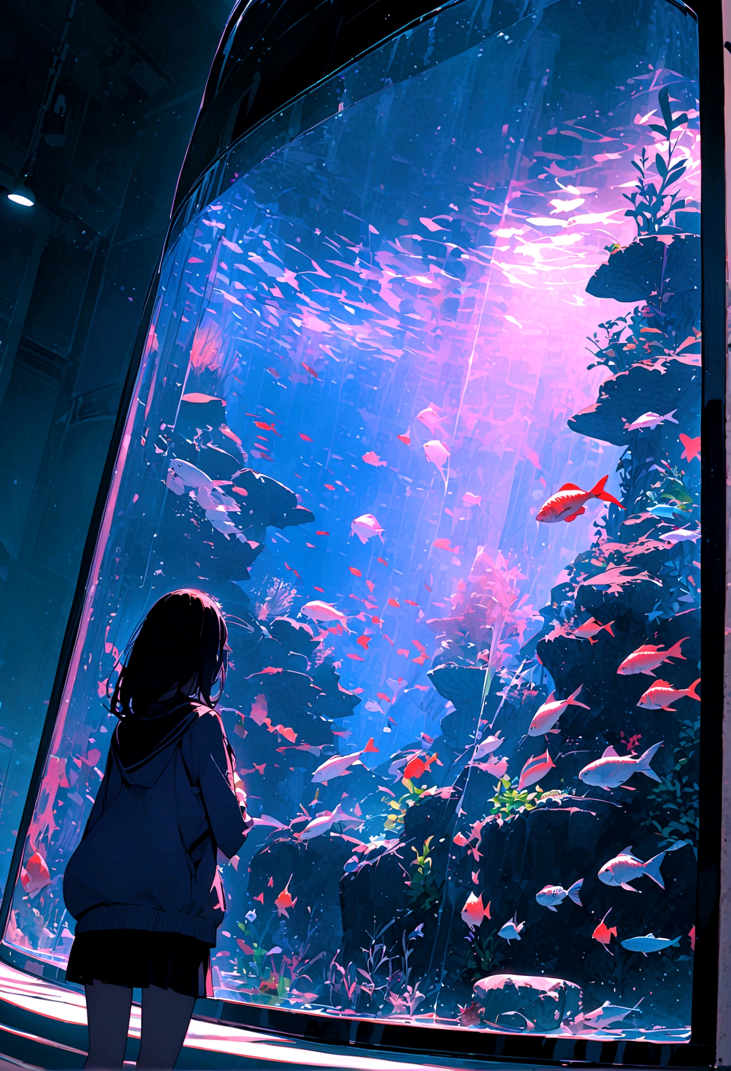 aquarium、A girl standing in front of a huge aquarium、Large single glass aquarium、Dimly lit interior、Quiet atmosphere、Girl looking up at a fish tank、There is a girl in the center、Angle of view from the rear、A tank much taller than the girl