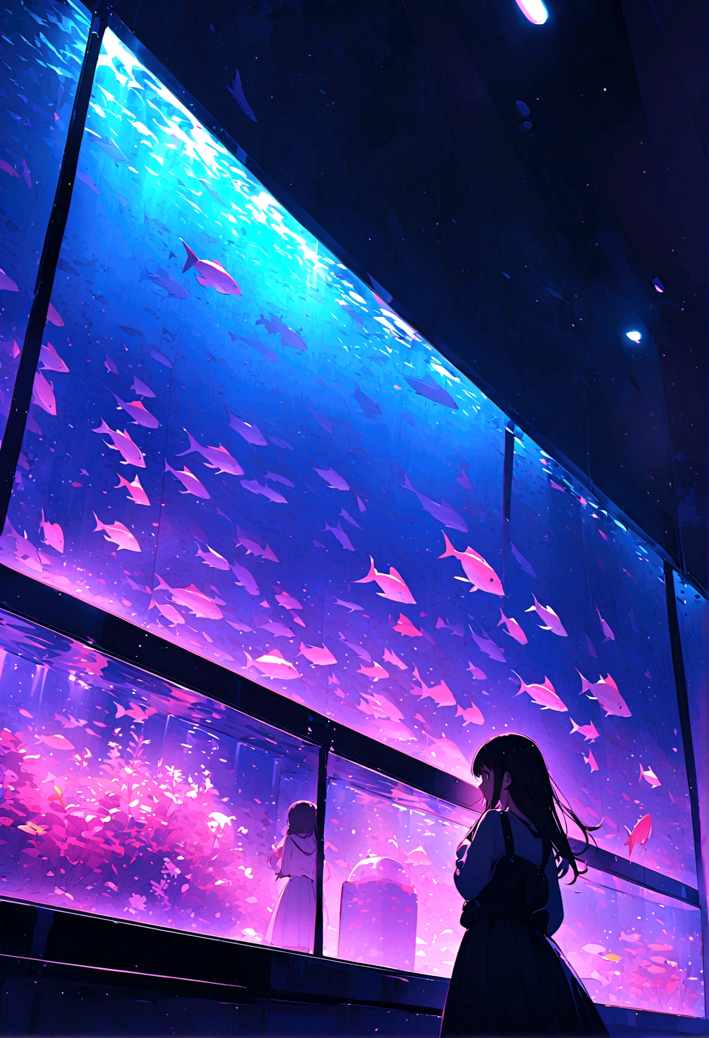 aquarium、A girl standing in front of a huge aquarium、Large single glass aquarium、Dimly lit interior、Quiet atmosphere、Girl looking up at a fish tank、There is a girl in the center、Angle of view from the rear、A tank much taller than the girl
