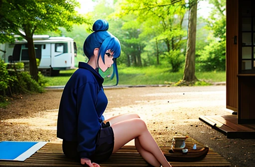 shima rin, One girl, Blue Hair, Hair Bun, Sitting, camp, Outdoor, forest, campファイヤー,, Annealing, Highest quality, Ultra-high resolution, big , big ass, mature, sexy