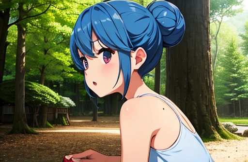 shima rin, One girl, Blue Hair, Hair Bun, Sitting, camp, Outdoor, forest, campファイヤー,, Annealing, Highest quality, Ultra-high resolution, big , big ass, mature, sexy