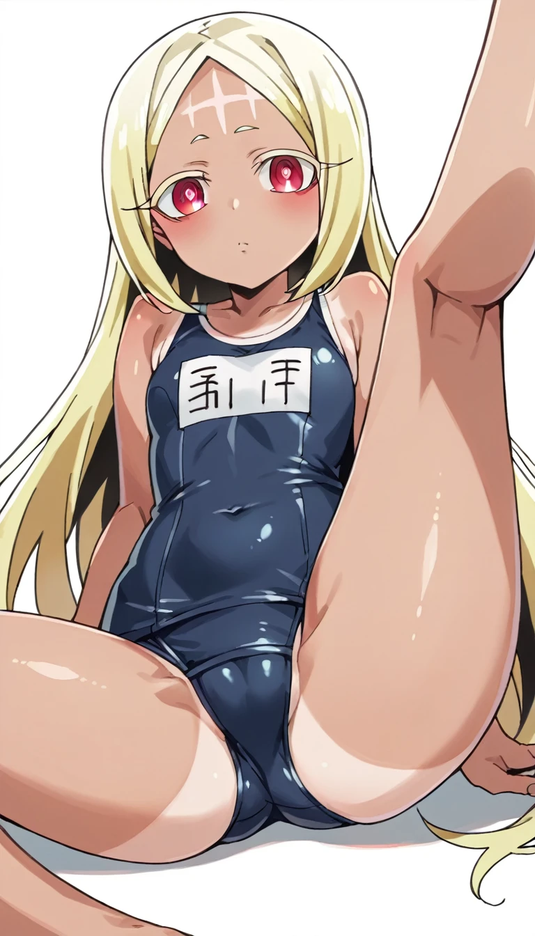 score_9, score_8_up, source_アニメ,Morino Korisu, long hair, blonde hair, red eyes, very long hair, bright pupils,((1girl)),White background,shiny skin,School swimsuit,High leg,Sunburn,Leg spread,slimy