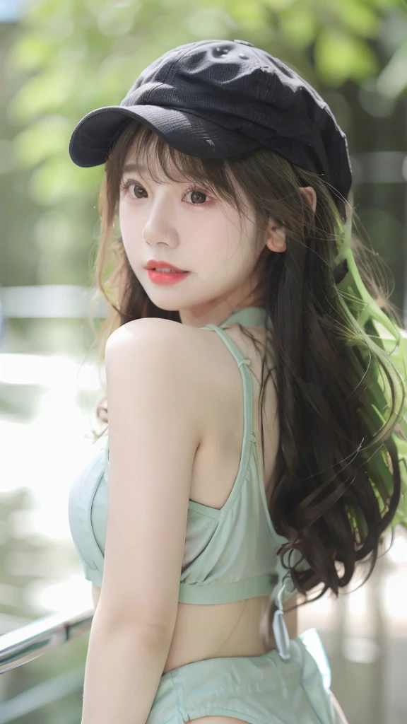 Portrait of karina, (baseball cap), street photography, city streets, blushing, awkward smile, looking into camera, (8K, best quality, masterpiece:1.2), (realistic, photo-realistic:1.37), ultra-detailed, 1 girl,Korean 20-year-old beauty， cute, solo, beautiful detailed sky, night, dating, (nose blush), (closed mouth) huge breasts, beautiful detailed eyes, realistic, photo, matte colors, detailed backgound,  eye makeup,Bikini,messy hair, Natural light,(pureerosface_v1:0.5), (ulzzang-6500-v1.1:0.5)  