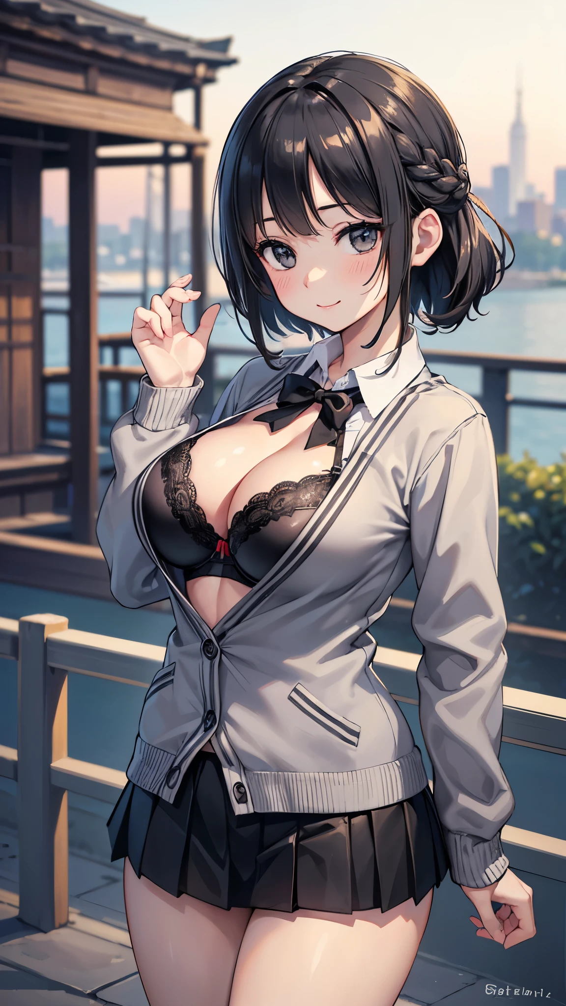 (masterpiece:1.3, Highest quality, Ultra-high resolution, Very detailed), (Realistic:1.1, photoRealistic:1.4), Beautiful illustrations, Perfect lighting,Written boundary depth, Beautiful detailsまでこだわった髪, Beautifully detailed face, Beautiful details, Beautiful clavicle, Beautiful body, Beautiful and juicy breasts, Beautiful thighs, Beautiful legs, View your audience, 1 Girl,Perfect Face, (Perfect Anatomy, Anatomically correct), Cute and symmetrical face、、((Shiny long hair)),(Beautiful views),(Outdoor, Blurry cityscape),(かわいいsmile, smile)、Sexy Body、(masterpiece),(Highest quality:1.3),8K,Very clear,(Ultra-realistic), One Girl,Wide Shot,((Very large breasts)),Wide Hips,Beautiful legs, Captivating woman,Sexy Girl(masterpiece、Highest quality、Very detailedな)、((A high school girl with short hair))、((Short black hair))、((Updo))、((black eye))、((Very large breasts))、((((Black bra))))、((Open grey cardigan))、((Open school uniform))、((Black mini skirt))、Cowboy Shot