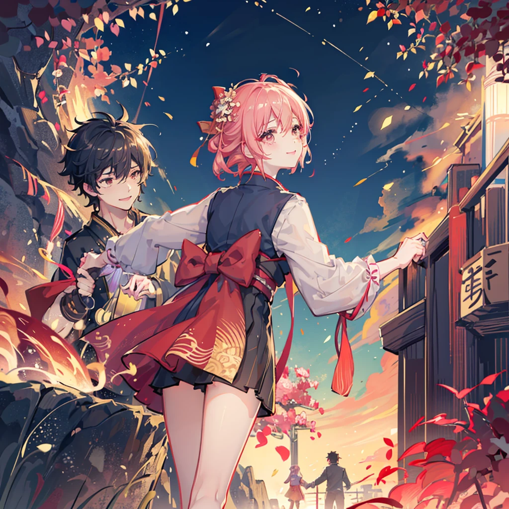 Couple,(Boy 1:Girl 1)Lovely,smile,Fleeting,romantic,atmosphere,landscape,The girl is wearing a kimono,Holding hands,turn around,Beautiful fireworks in the night sky,Lots of fireworks,Beautiful night sky,summer祭り,summer,Festivals,youth,Heart-pounding