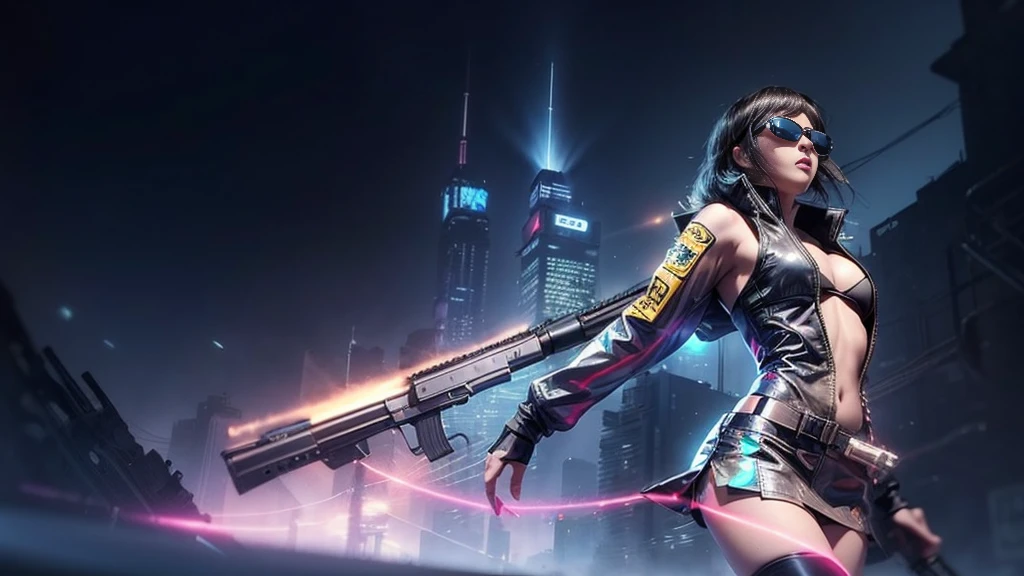 8k, Realistic Skin Texture, Realistic Photo, Neo Tokyo, slim women, large-breast:1.4 cleavage:1.3, AD2050 at night, Dirty hunting jacket, Wearing tube top, miniskirt, (((black sunglasses, automatic rifle, sneakers, cold, shooting pose, very low angle view))), Innovative composition, revenge, cyberpunk, blade runner worldview, Large neon sign, Geisha hologram sign, Strong Wakamoto Sign.