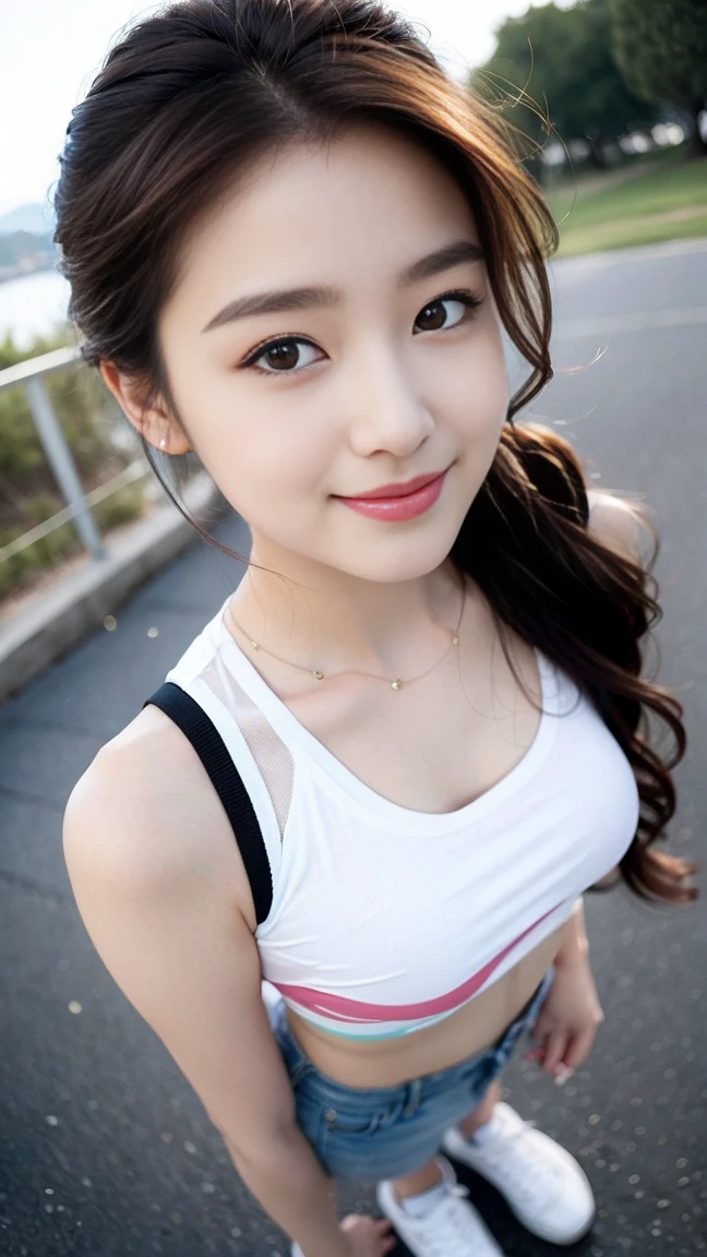  (masterpiece, top quality, best quality,1girls,Korean, beautiful face, smile, long hair, 19 years old, Tank top, shorts, White shoes, hills, full body view, sunset，Bangs to eyebrows、Beautiful brown hair、Beautiful and delicate eyes、Brown eyes、Raise an eyebrow、High Nose、Small nostril、Little mouth、Tempting lips、Mouth slightly open、Beautiful breasts、Full body、Oval face, Both eyes, Both eyes皮, Long eyebrows, Long eyelashes, A faint smile, Chest 32 inches,The face is good, Perfect proportion、Perfect Anatomy、Perfect composition、Beautiful and detailed shadows、beautiful natural light、beautiful detailed glow、Depth of Field，