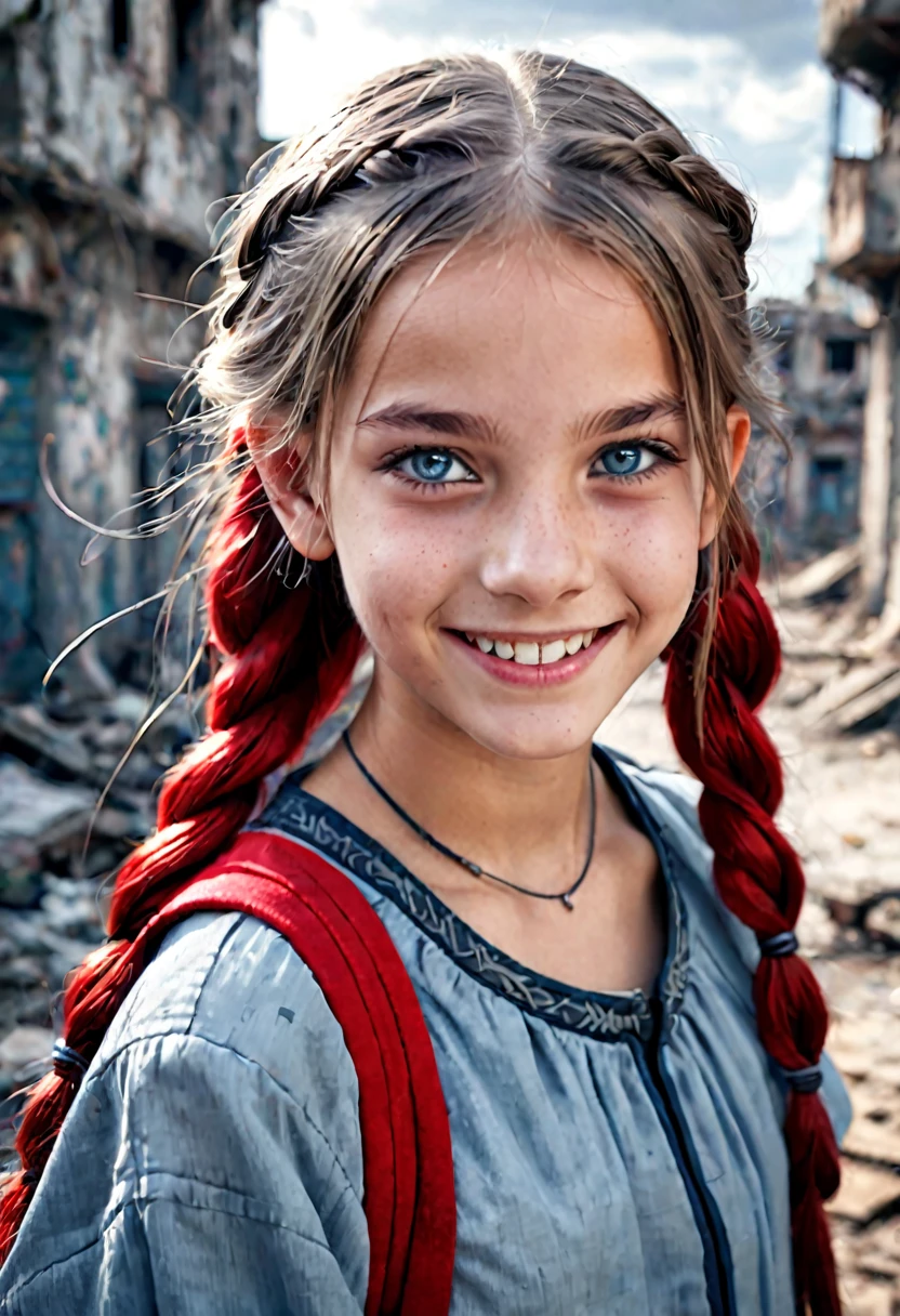  13 year old, horrible smile, nasty, olhar malicioso, grey-eyed, abandoned city background with bluish tone with red, drawning, ful dressed, straight hair with braid above the shoulder.