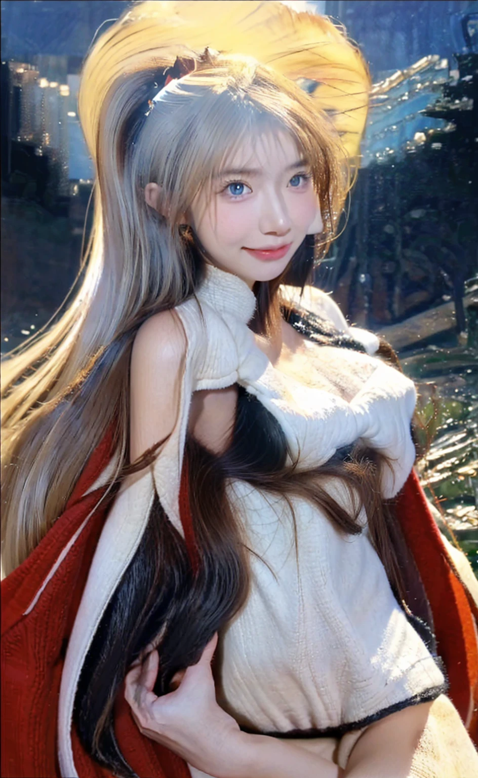(logo, masterpiece, 8K, Tabletop, RAW Photos, wonderful, 最high quality, Photorealistic and very detailed CG composite 8k wallpaper, high quality, Very detailed, Narrative poem, Particle Effects, Dynamic Effects, Depth of the Boundary, Cinematic Light, Lens flare, Ray Tracing), short hair beautiful young woman, Hair tied back, high detail skin, very fine, fine skin texture, beautiful face, realistic eyes, beautifully detailed eyes, realistic skin, beautiful skin, surreal, smiling eyes, Hair and light eyes, Vibrant, Colorful lights and bokeh. The lighting casts a warm glow on her face and hair, Blue glow, Water surface reflection, Creates a dreamy and magical atmosphere, Big Breasts, Brown Hair, short hair, plump lower lip, pink blush on the cheeks , pink lips, brown tight no-shoulder knit sweater