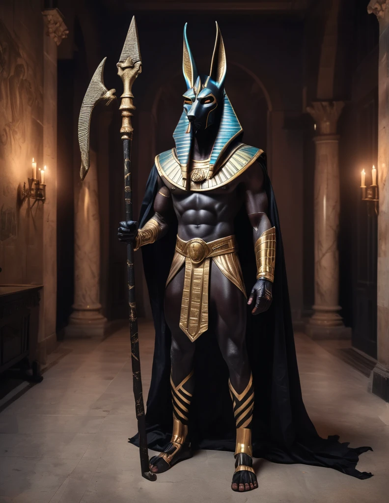 a man dressed as realistic anubis halloween costume design, intimidating psychopathic man, anubis mask, dark energy, black costume, holding a staff, full body highly detailed, cinematic lighting, dramatic atmosphere party entrance, photorealistic, 8K, masterpiece