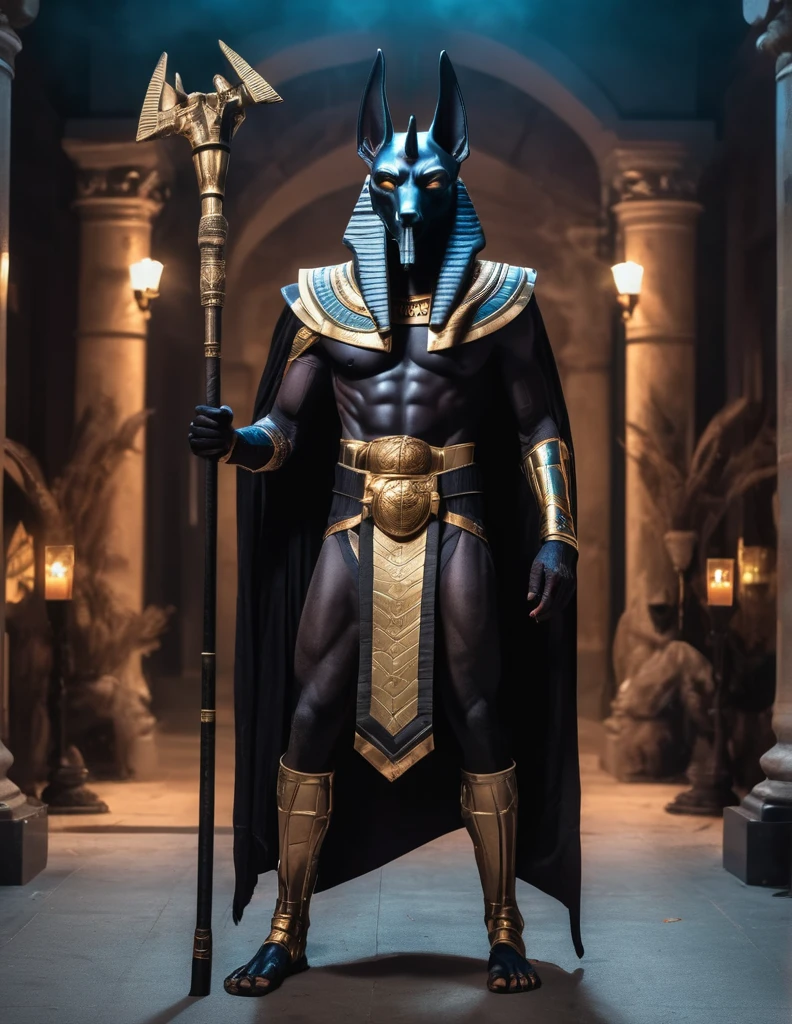 a man dressed as realistic anubis halloween costume design, intimidating psychopathic man, anubis mask, dark energy, black costume, holding a staff, full body highly detailed, cinematic lighting, dramatic atmosphere party entrance, photorealistic, 8K, masterpiece