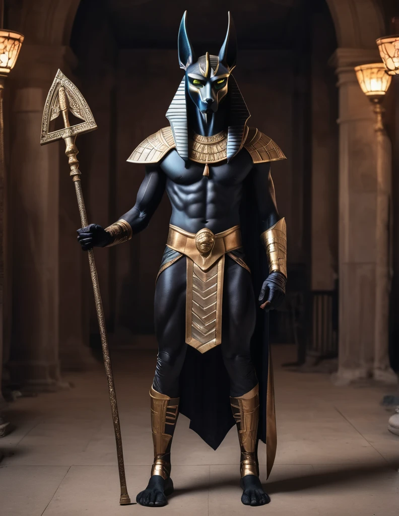 a man dressed as realistic anubis halloween costume design, intimidating psychopathic man, anubis mask, dark energy, black costume, holding a staff, full body highly detailed, cinematic lighting, dramatic atmosphere party entrance, photorealistic, 8K, masterpiece