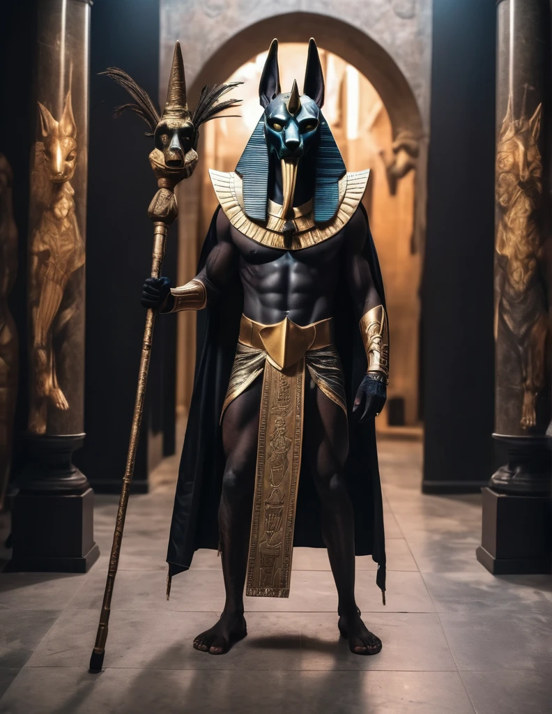 a man dressed as realistic anubis halloween costume design, intimidating psychopathic man, anubis mask, dark energy, black costume, holding a staff, full body highly detailed, cinematic lighting, dramatic atmosphere party entrance, photorealistic, 8K, masterpiece