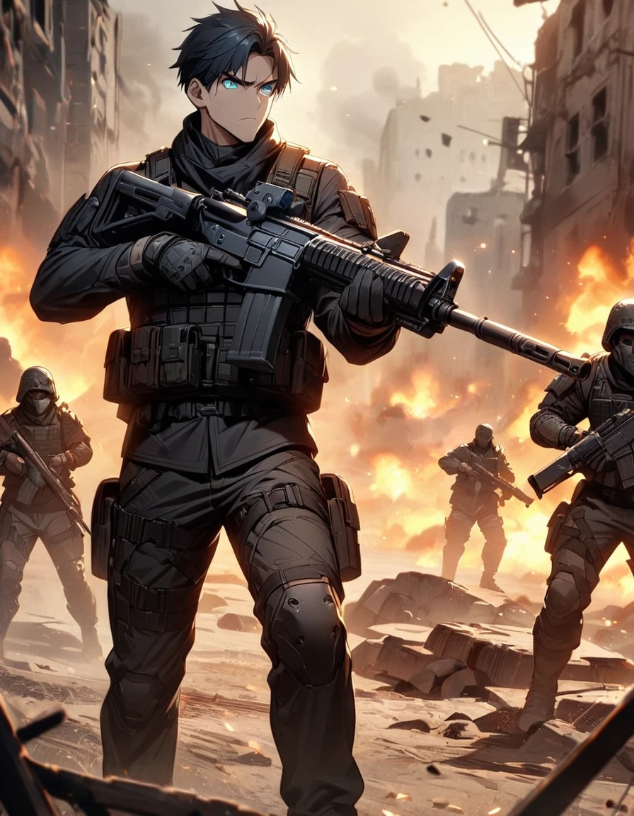 Masterpiece, best quality, 1 man, 30 year old man, focus man, alone, alone focus, black hair, Turquoise eyes, black bulletproof vest, Mercenaries, (holding an assault rifle), Standing position, Standing shooting position, Battlefield backdrop, War zone, serious, solemn face, Dangerous atmosphere.