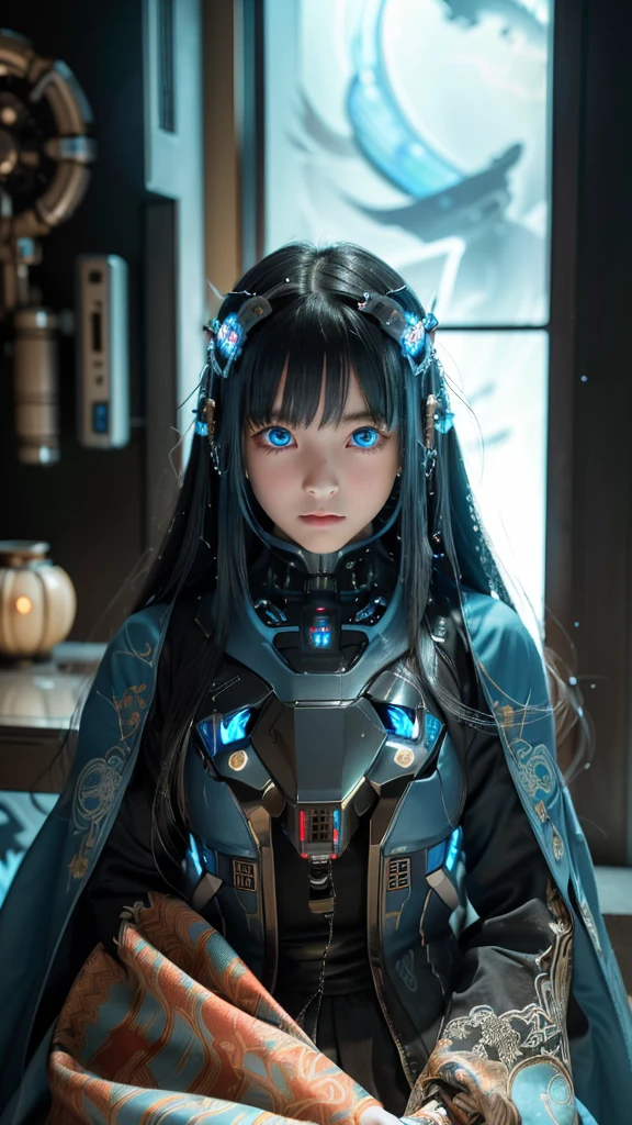 (Neo Tokyo:1.5), (Cyberpunk:1.5), ( very pretty and beautiful and girl ghost with mysterious atmosphere:1.5), (petite in appearance and graceful in traditional Japanese costume and design, (beautiful light blue eyes:1.3), (light blue plasma all around and fantastic atmosphere:1.5), biomechanical, Japanese traditional noble Japanese room, long black hair, bangs in a bun, face, hands, designs and decorations are detailed and clearly drawn, ultra realistic and realistic image with super high resolution