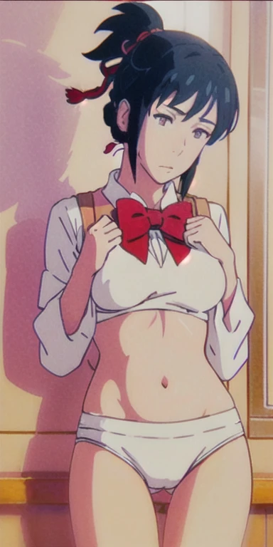 Miyamizu_Mitsuha, Red bow tie,
jewelry, White Yoga Crop Top, White Yoga Tight Shorts, Place your hand on your chest,See-through, View your viewers, hair ornaments, choker, shy,
(masterpiece, Highest quality, Highest quality, Official Art, beautifully、aesthetic:1.2), (1 Girl), Very detailed, colorful, Most detailed,
(Huge breasts:1.2, Upper Body, From below, Camel Toe, ) White panties,
Chinese cities,street, sun, cloud, wall, Tilt,
